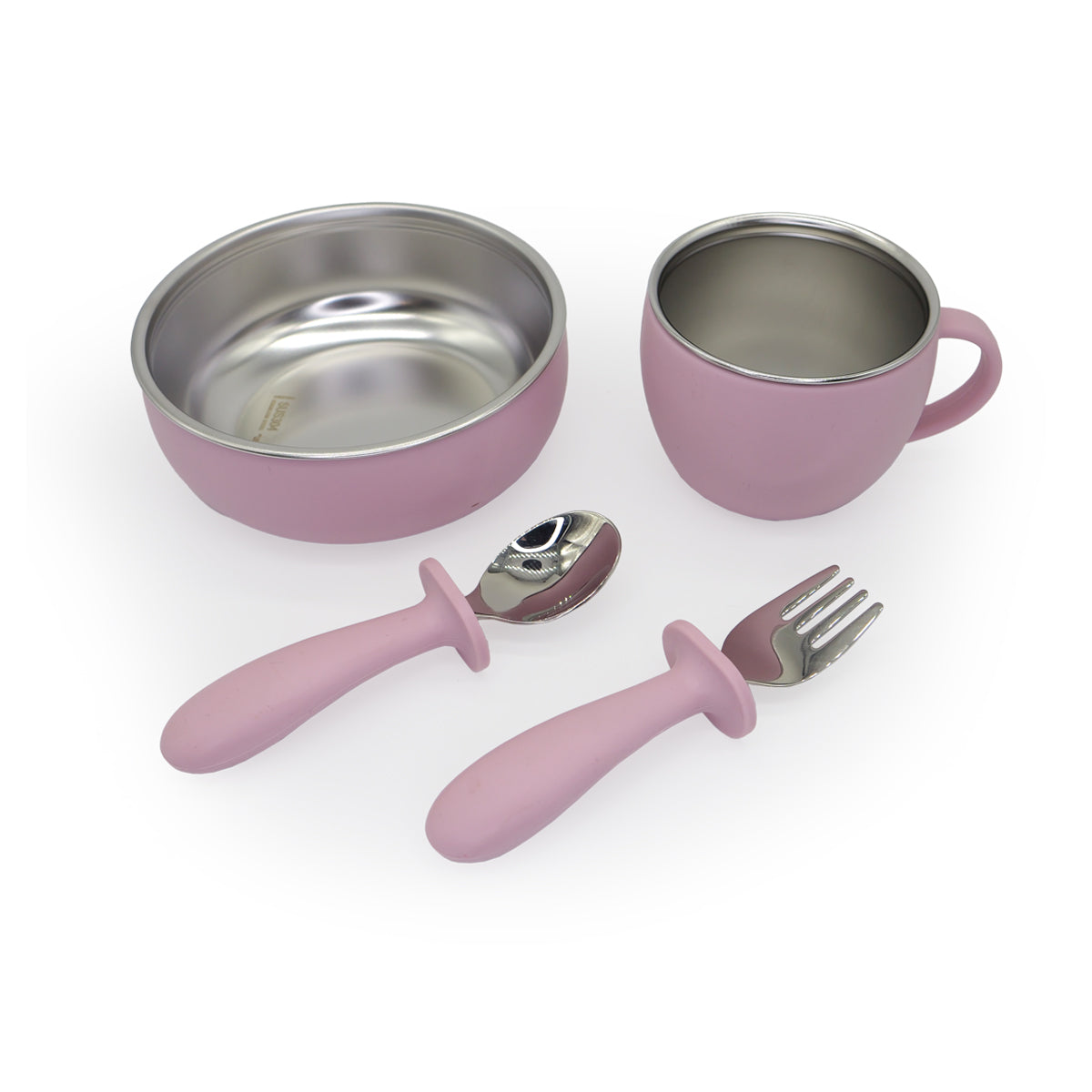 Taiki Steel - Food Set Malva Ciotola + Bicchiere + Cucchiaio + Forchetta Acciaio/Silicone